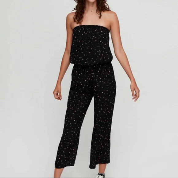 Aritzia Sunday Best Taggie Black Jumpsuit S Roses Floral Pull On Strapless - Picture 1 of 15